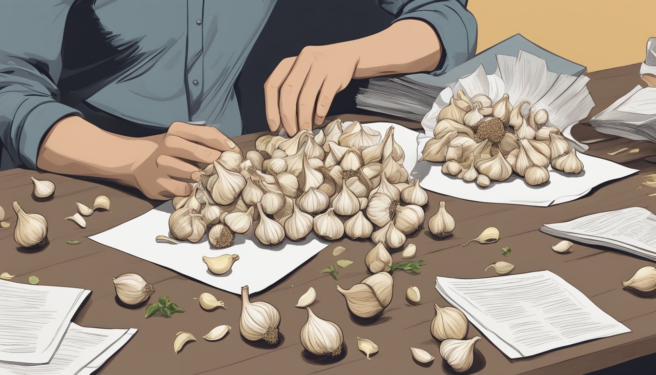 A table covered in garlic cloves, scattered papers with research, and a person looking concerned while holding a garlic bulb