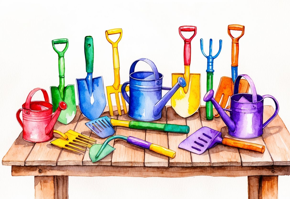 A group of colorful gardening tools arranged on a wooden table, with small shovels, rakes, and watering cans designed for children of different ages