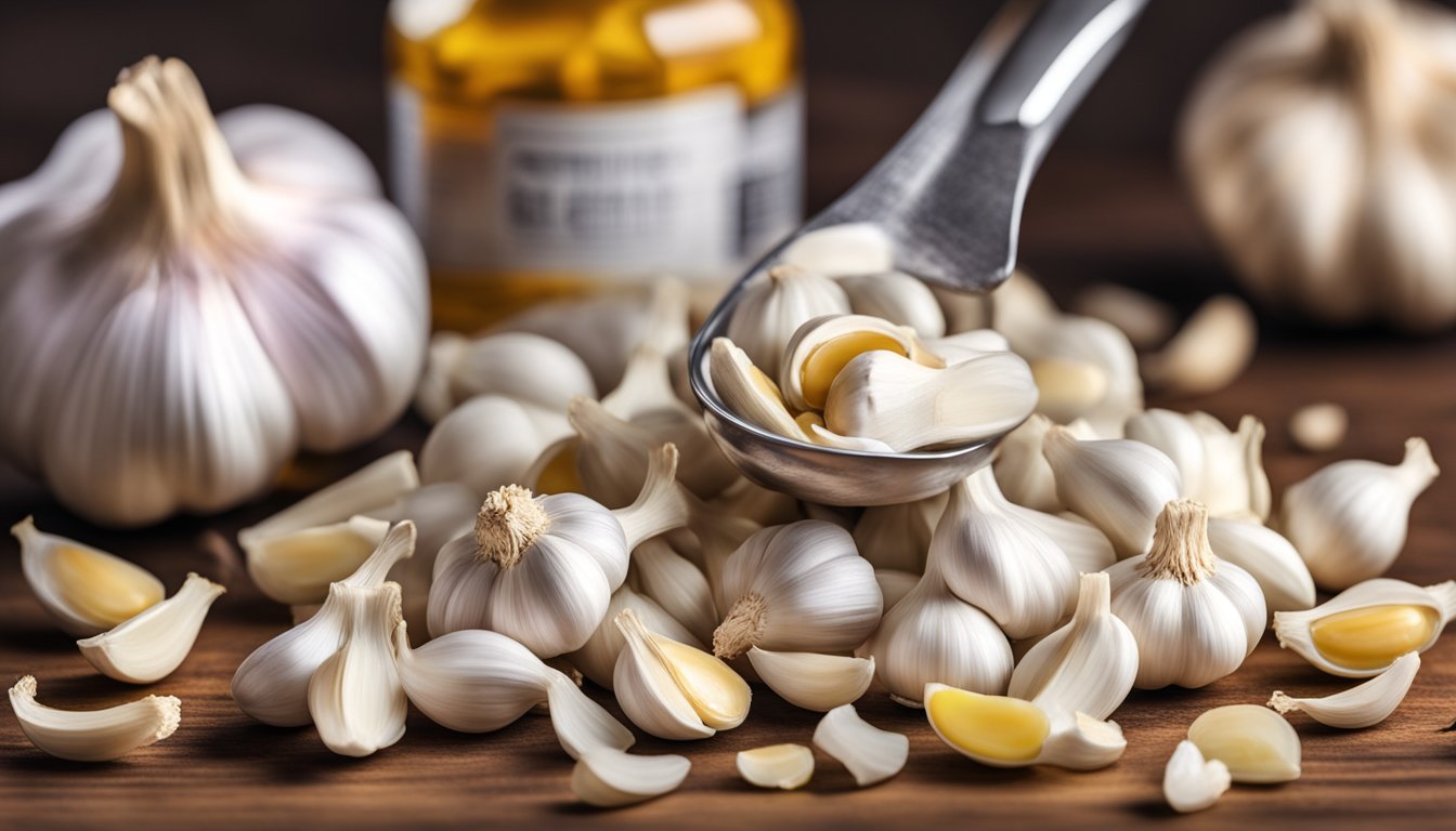 A pile of garlic cloves spilling out of a measuring spoon, with a blurred background of a garlic bulb and a bottle of supplements