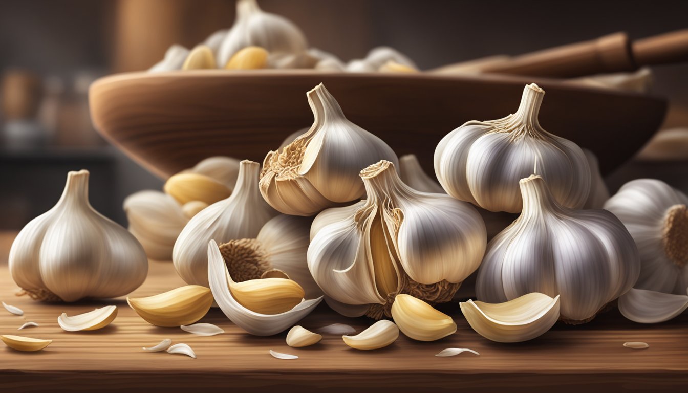 A pile of garlic cloves overflowing from a wooden bowl on a rustic kitchen countertop