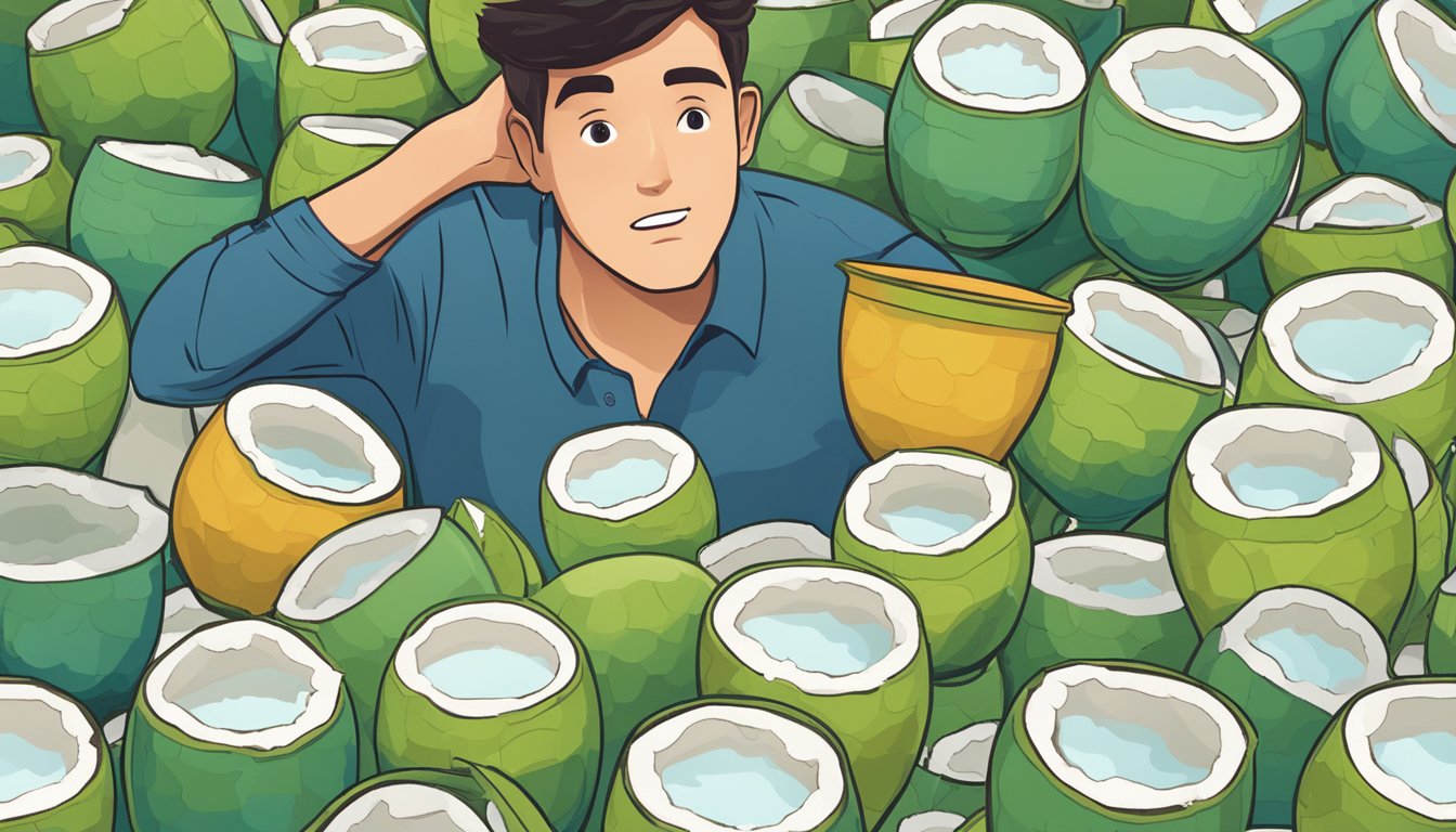 A person surrounded by multiple overflowing cups of coconut water, looking overwhelmed