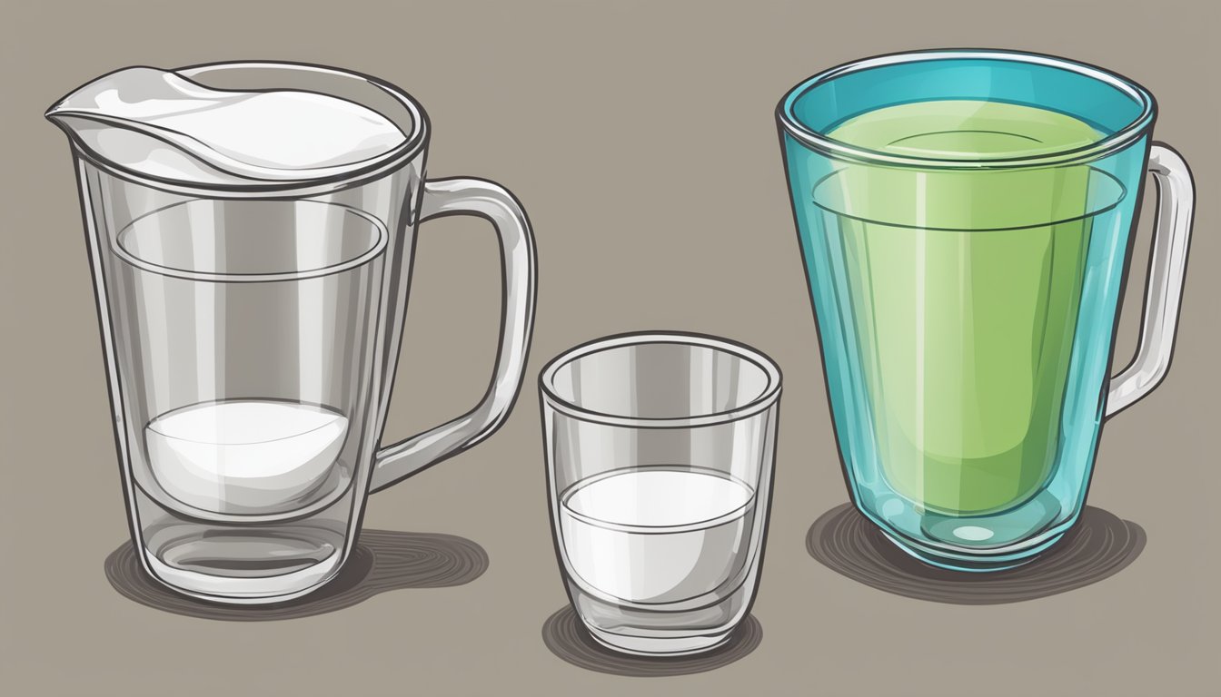 A table with various sized cups of coconut water, some empty and some full, with a measuring cup and a chart showing recommended daily intake