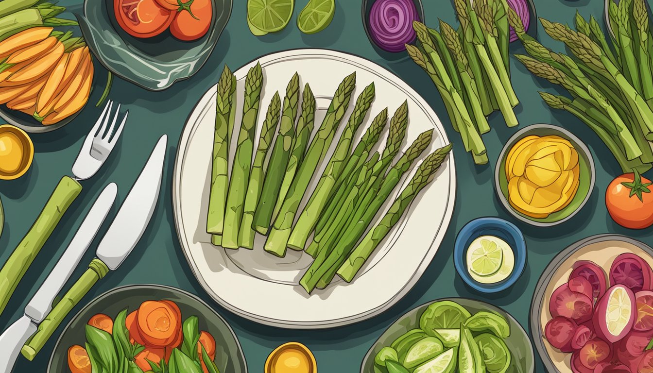 A plate of asparagus spears arranged in a visually appealing manner, with a variety of other colorful vegetables in the background