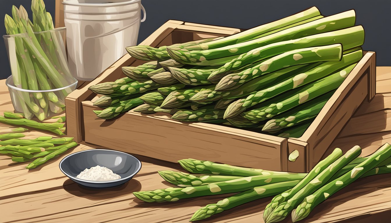 A pile of asparagus spears overflowing from a wooden crate, with a measuring cup nearby