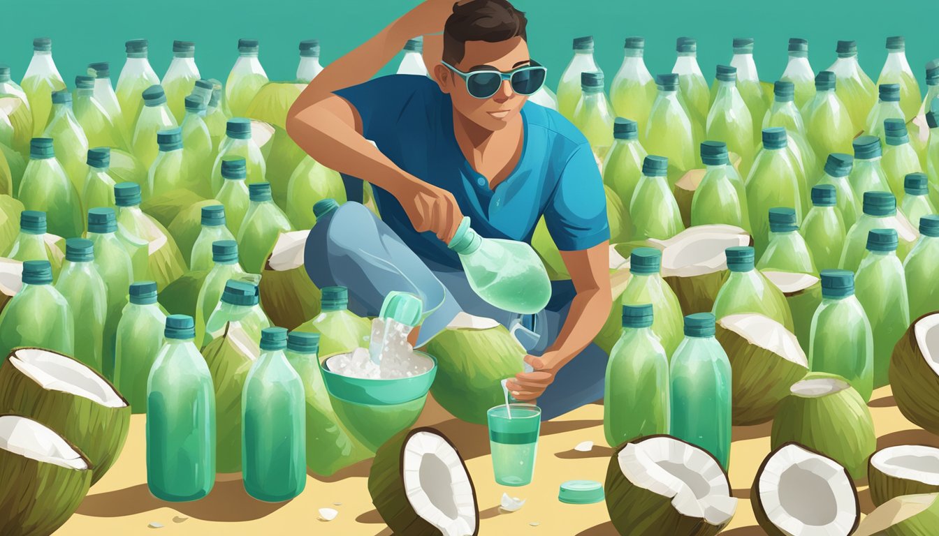 A person surrounded by coconut water bottles, with a measuring cup pouring excessive amounts into a glass