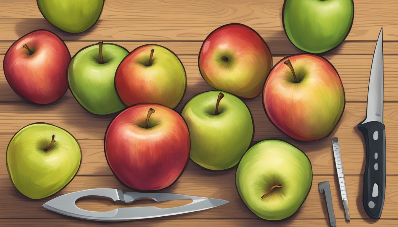 A pile of apples, some whole and some sliced, arranged on a wooden cutting board with a knife beside them. A measuring tape is partially visible in the background