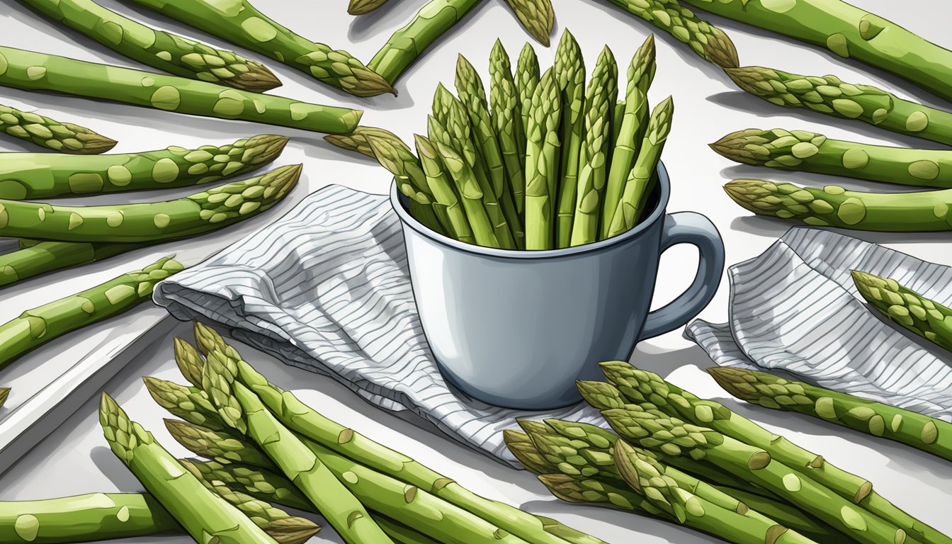 A pile of asparagus spears towering over a measuring cup, with caution signs and warning labels scattered around