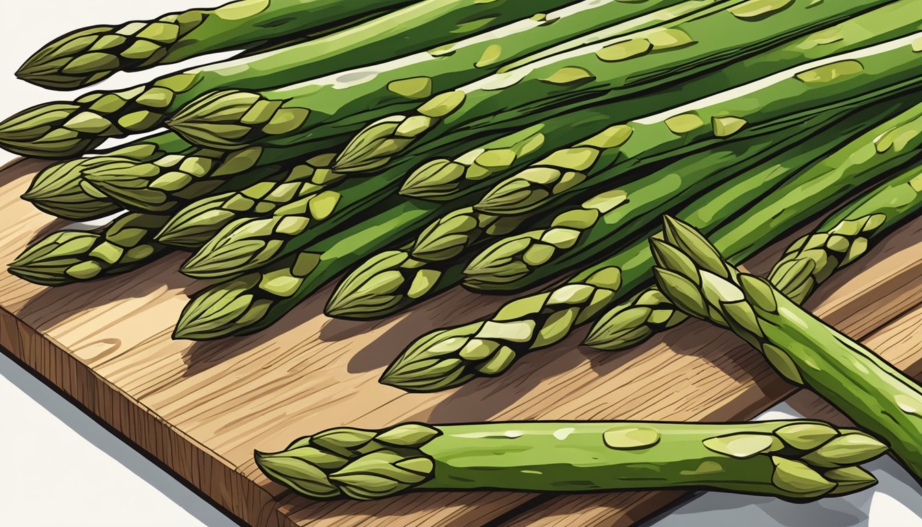 A pile of asparagus spears, some whole and some cut, arranged on a cutting board next to a measuring cup