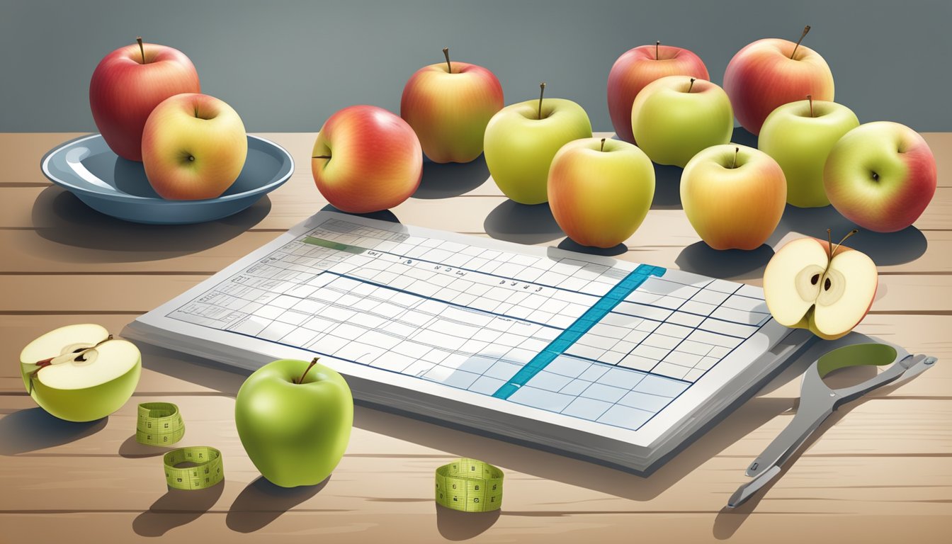 A table with various quantities of apples, a measuring tape, and a nutrition chart