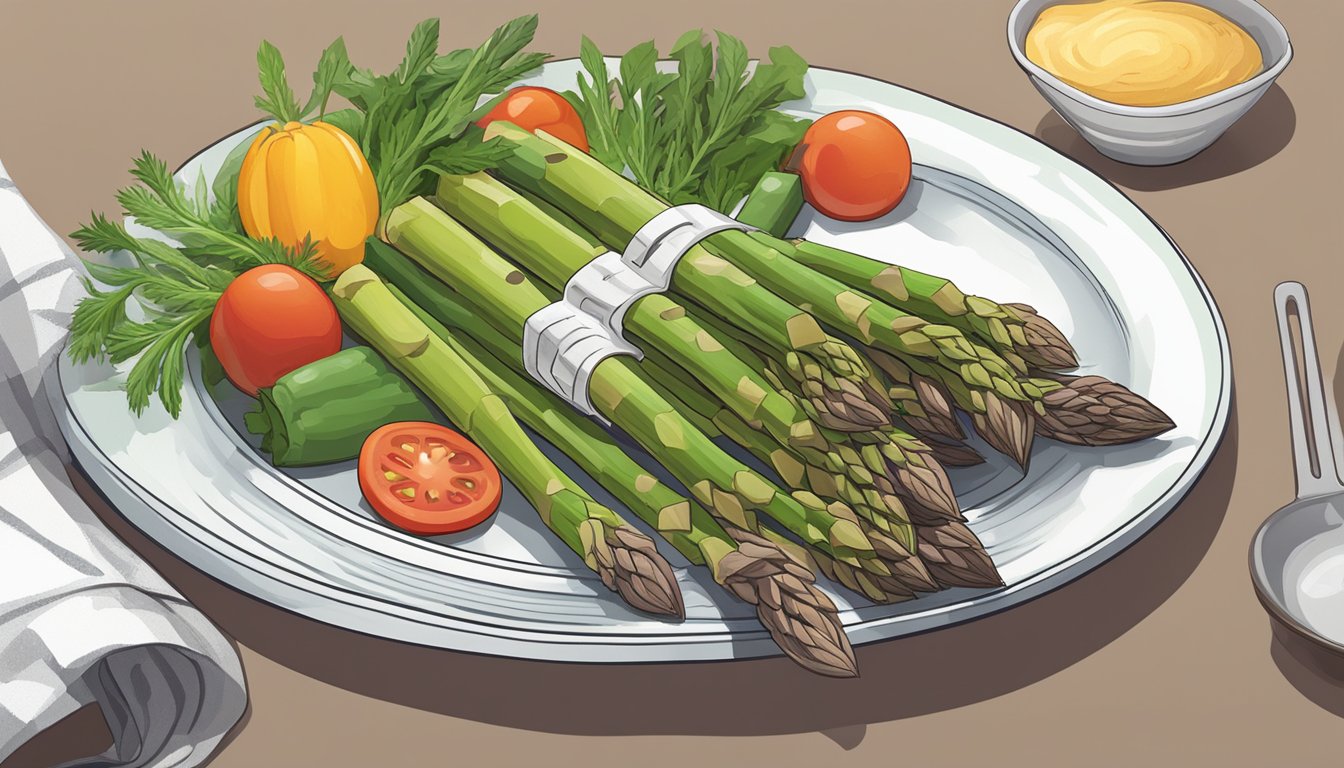 A plate with a moderate serving of asparagus alongside other colorful vegetables, with a measuring cup nearby