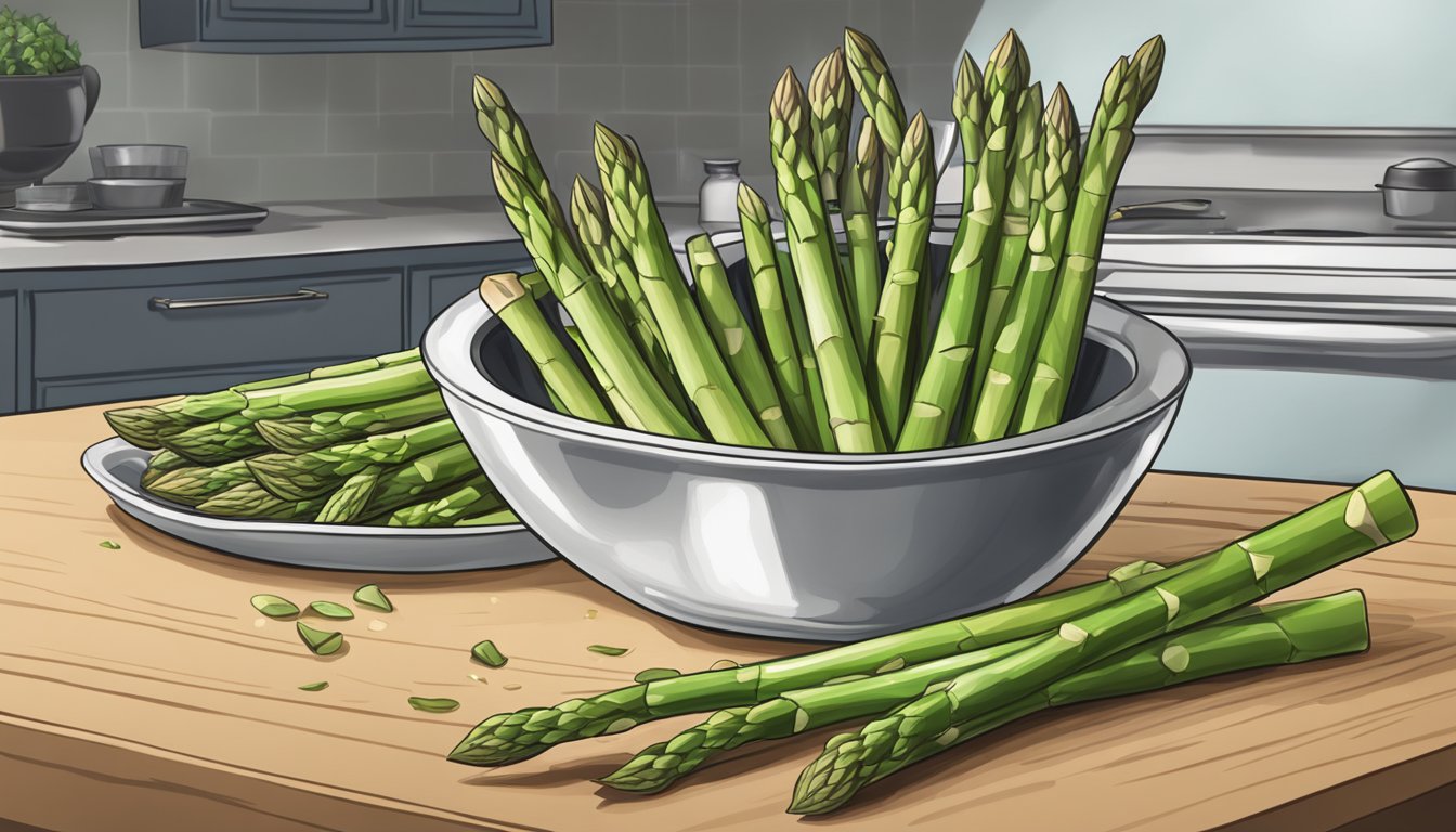 A pile of asparagus stalks spilling out of a measuring cup onto a kitchen counter