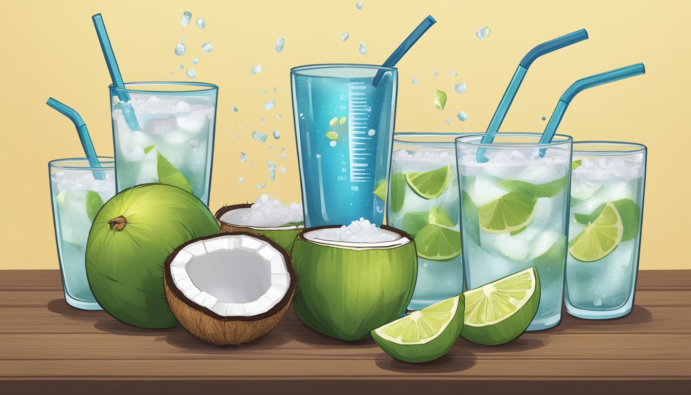 A table with multiple cups of coconut water, some overflowing, surrounded by caution signs and a measuring cup