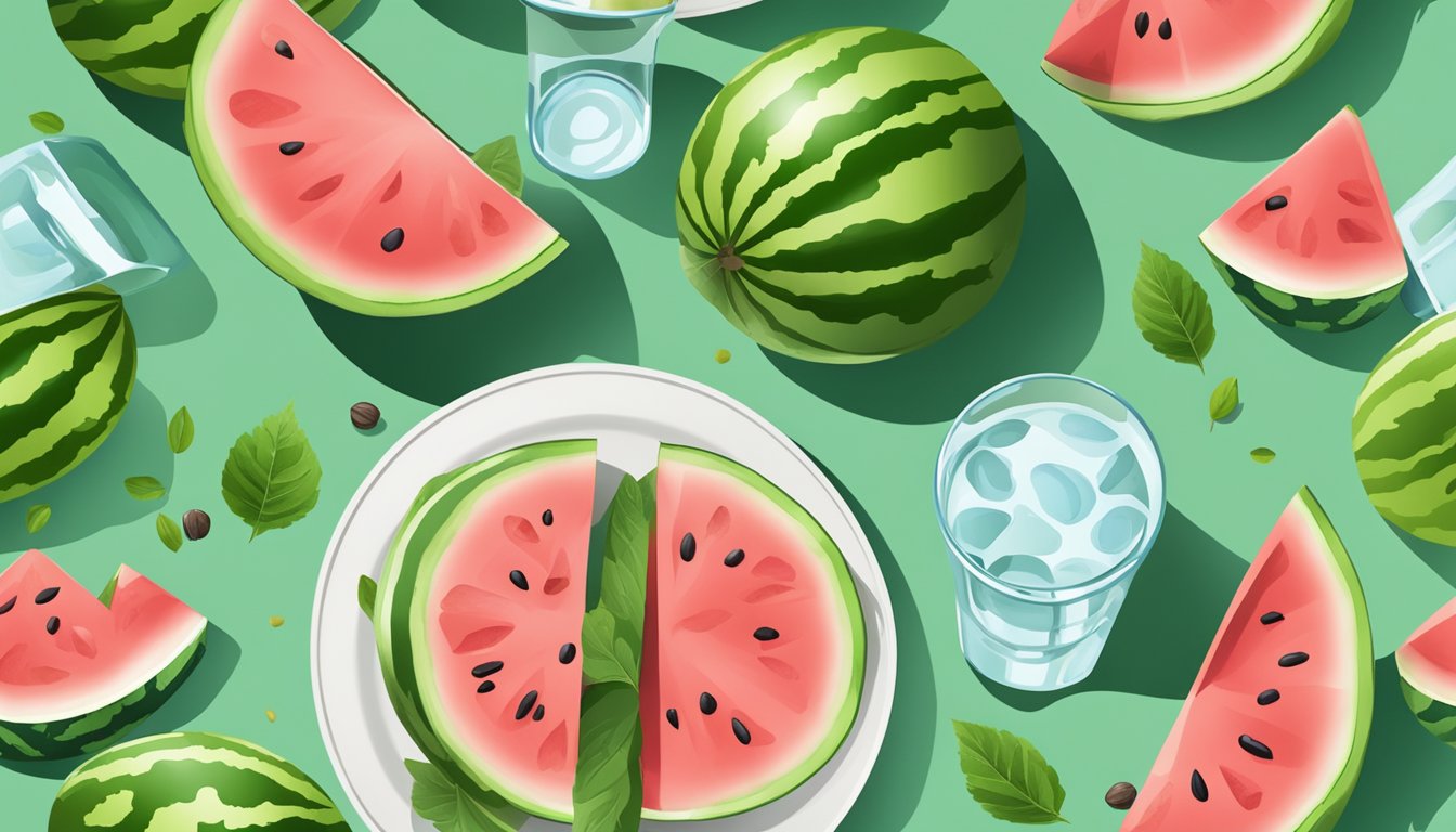 A watermelon sliced into wedges with a few seeds scattered on a plate, surrounded by green leaves and a glass of water