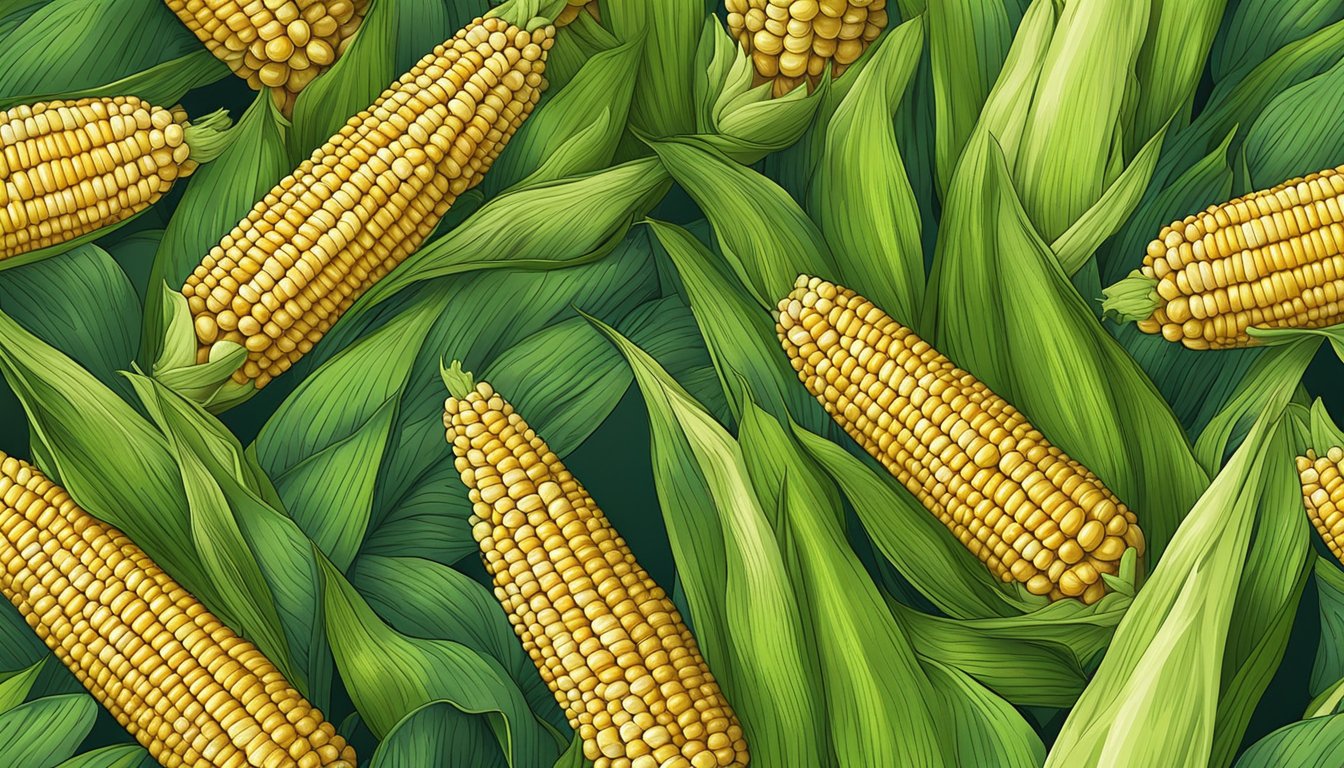 A colorful corn cob surrounded by vibrant green leaves, with kernels bursting out, showcasing the health benefits of corn