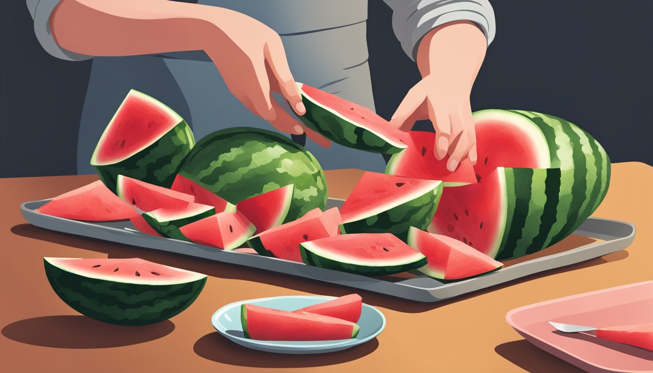 A person cutting a watermelon into slices, with a few slices already on a plate