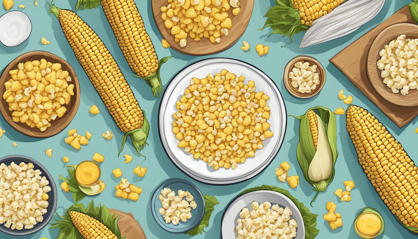 A table with various dishes of corn, from cob to popcorn, surrounded by question marks