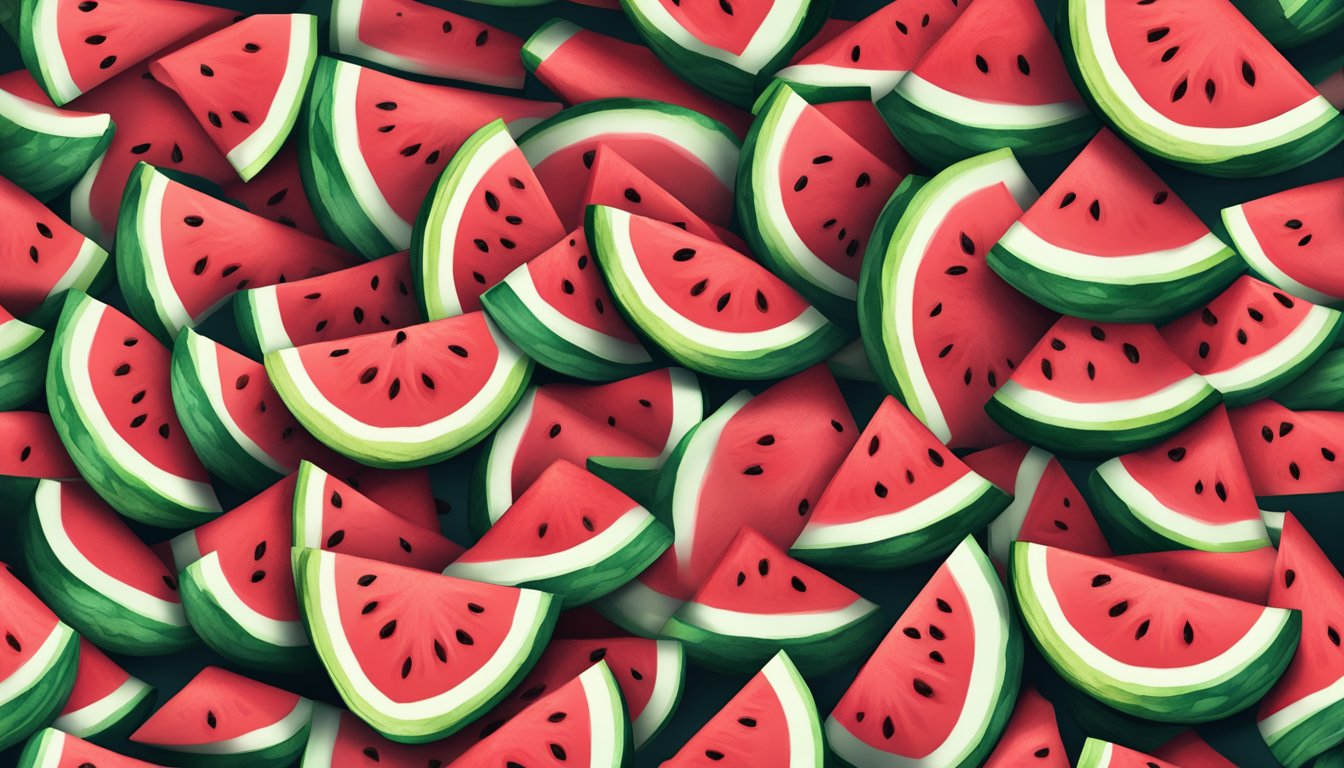 A large pile of watermelon slices, some partially eaten, surrounded by empty watermelon rinds