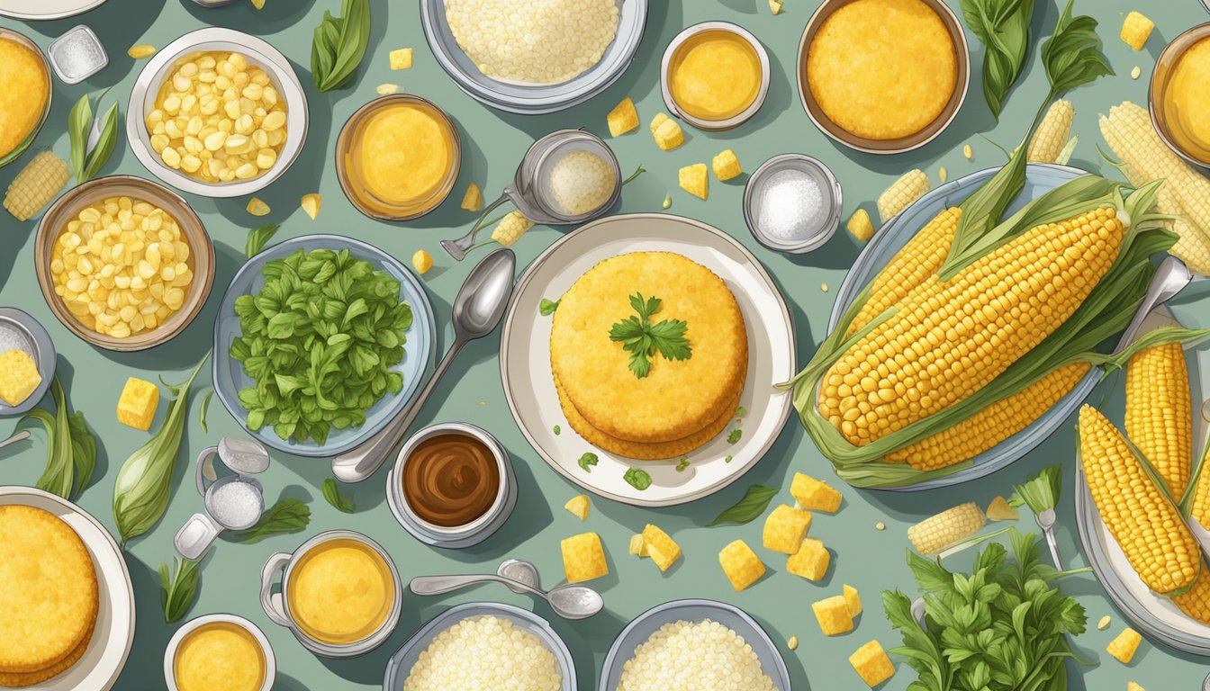 A table with various dishes made from corn, including corn on the cob, corn salad, and cornbread, surrounded by measuring cups and spoons