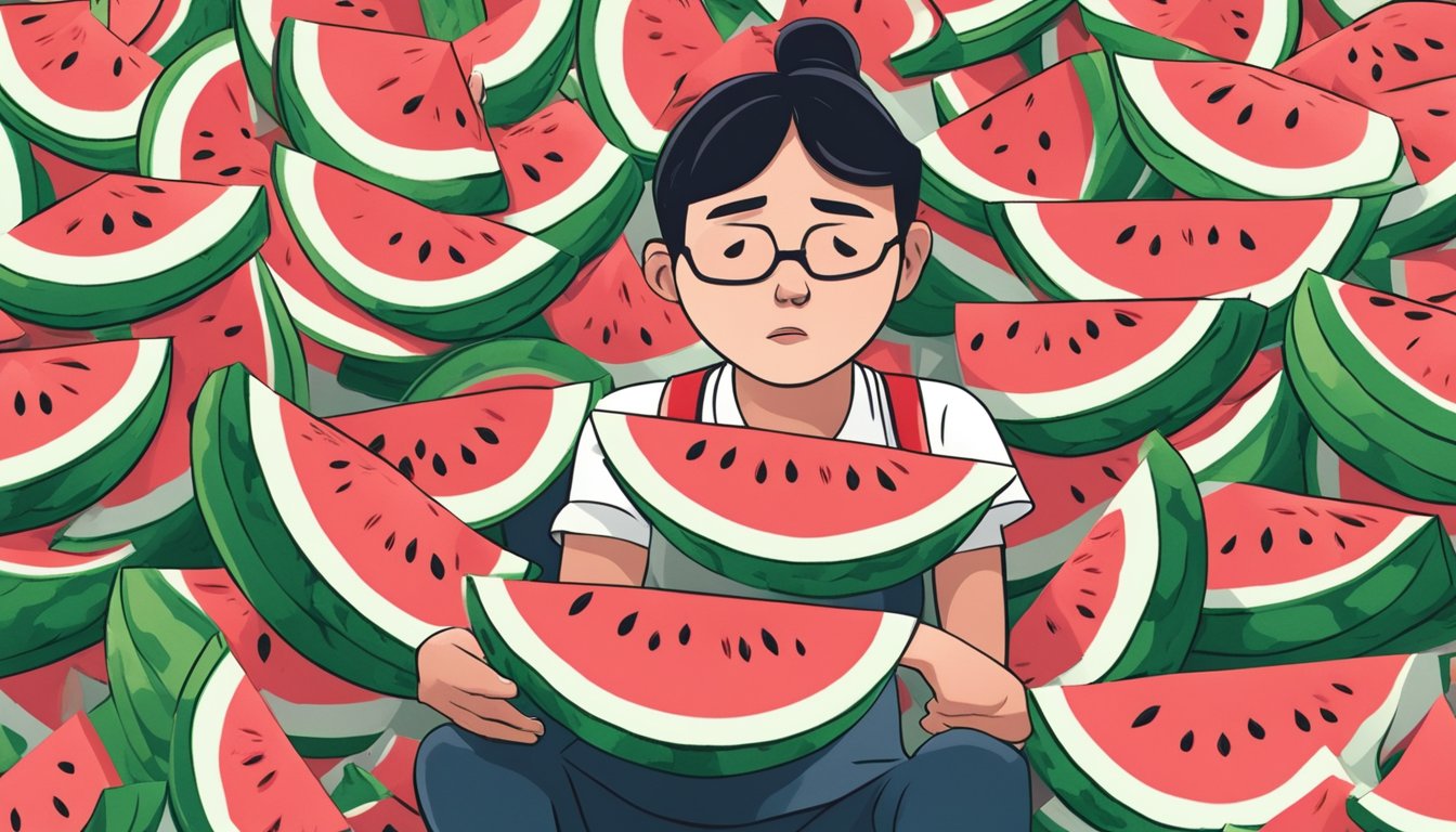 A person surrounded by overflowing watermelon slices, looking overwhelmed