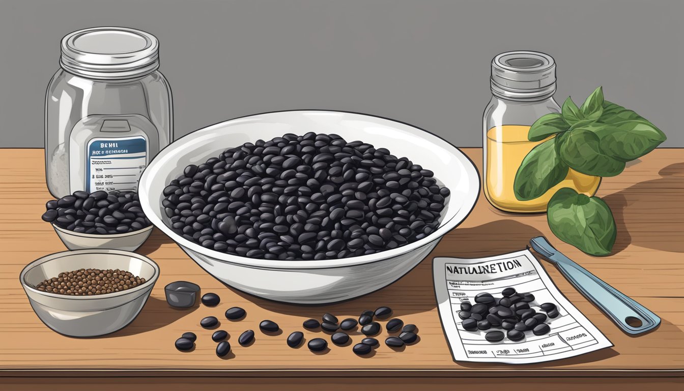 A bowl overflowing with black beans, surrounded by measuring cups and a nutrition label