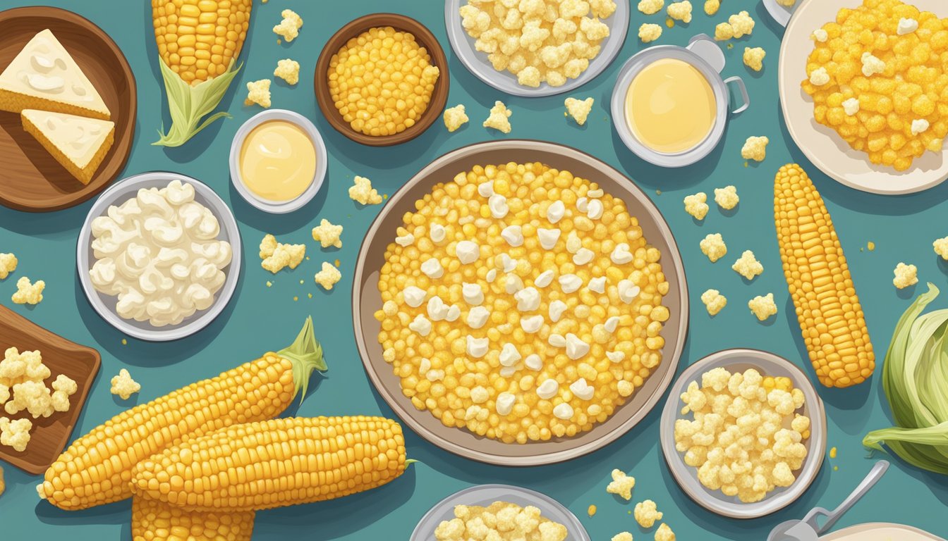 A table with a variety of corn dishes: corn on the cob, cornbread, popcorn, and creamed corn. A question mark hovers over the scene