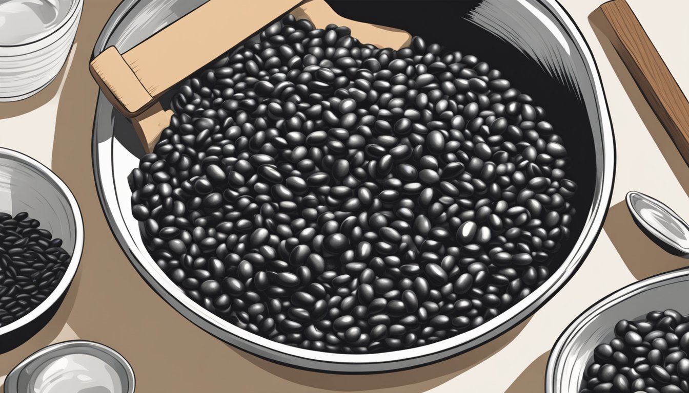 A large bowl overflowing with black beans, a measuring cup tipped over, and a concerned expression on a person's face