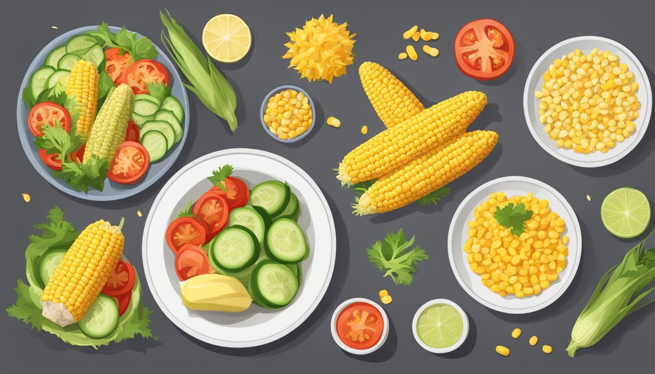 A colorful plate with a variety of foods, including corn on the cob and a bowl of corn kernels, surrounded by fresh vegetables and grains