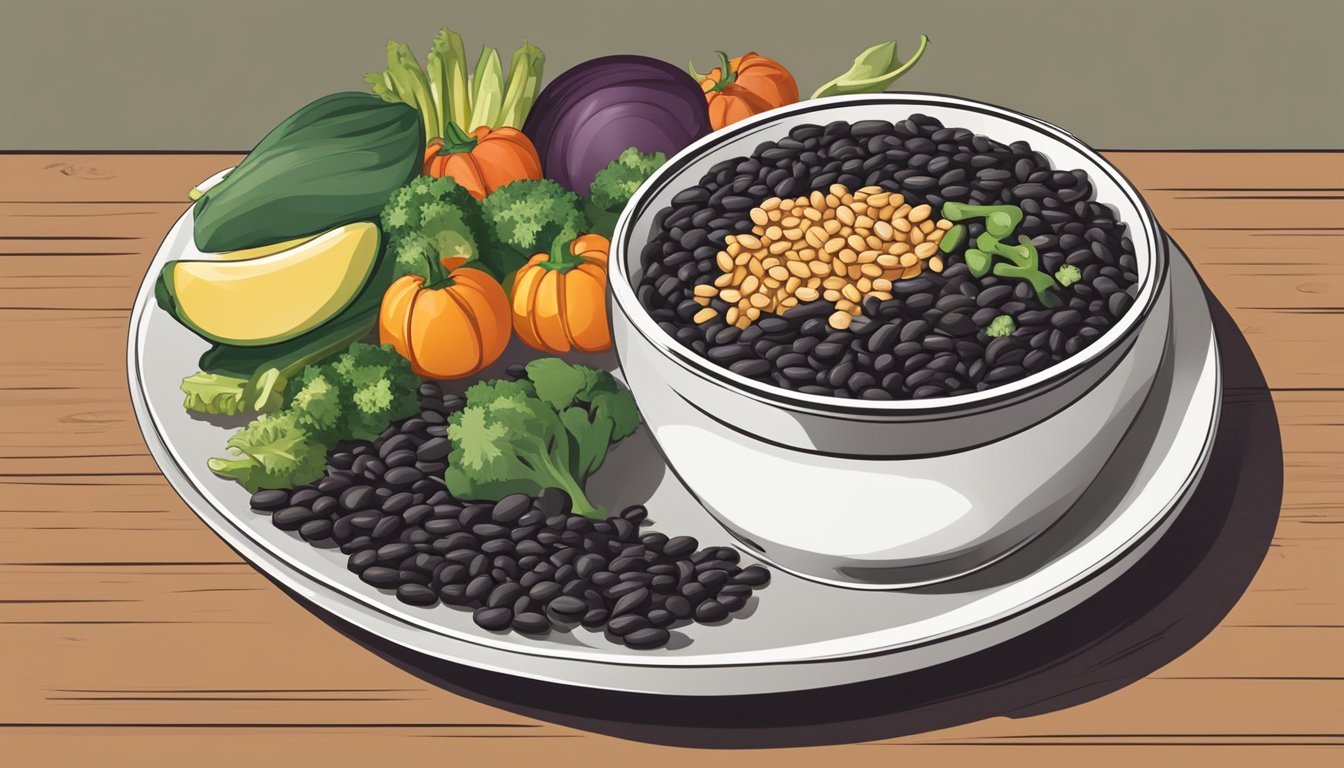 A bowl of black beans overflowing onto a plate, surrounded by various vegetables and grains, with a measuring cup nearby