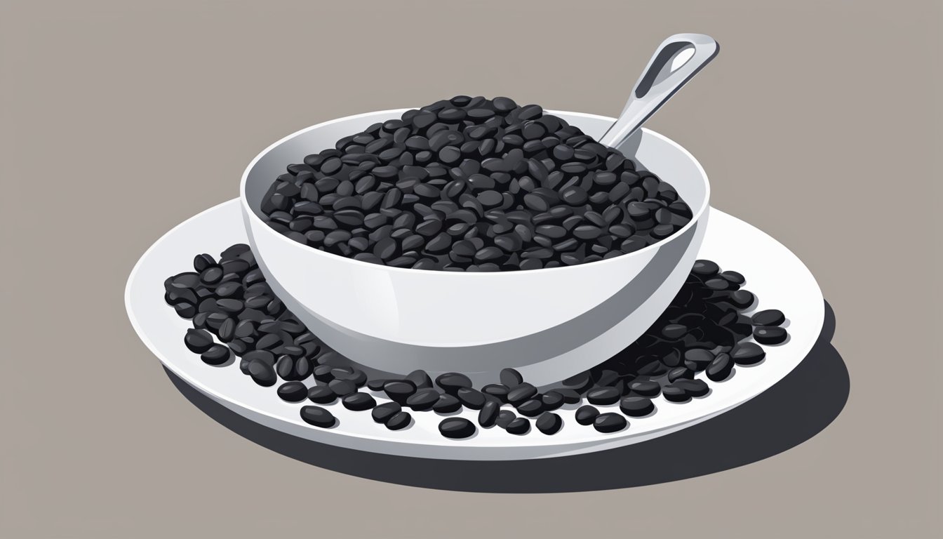 A pile of black beans spilling out of a measuring cup onto a plate, with a question mark hovering above