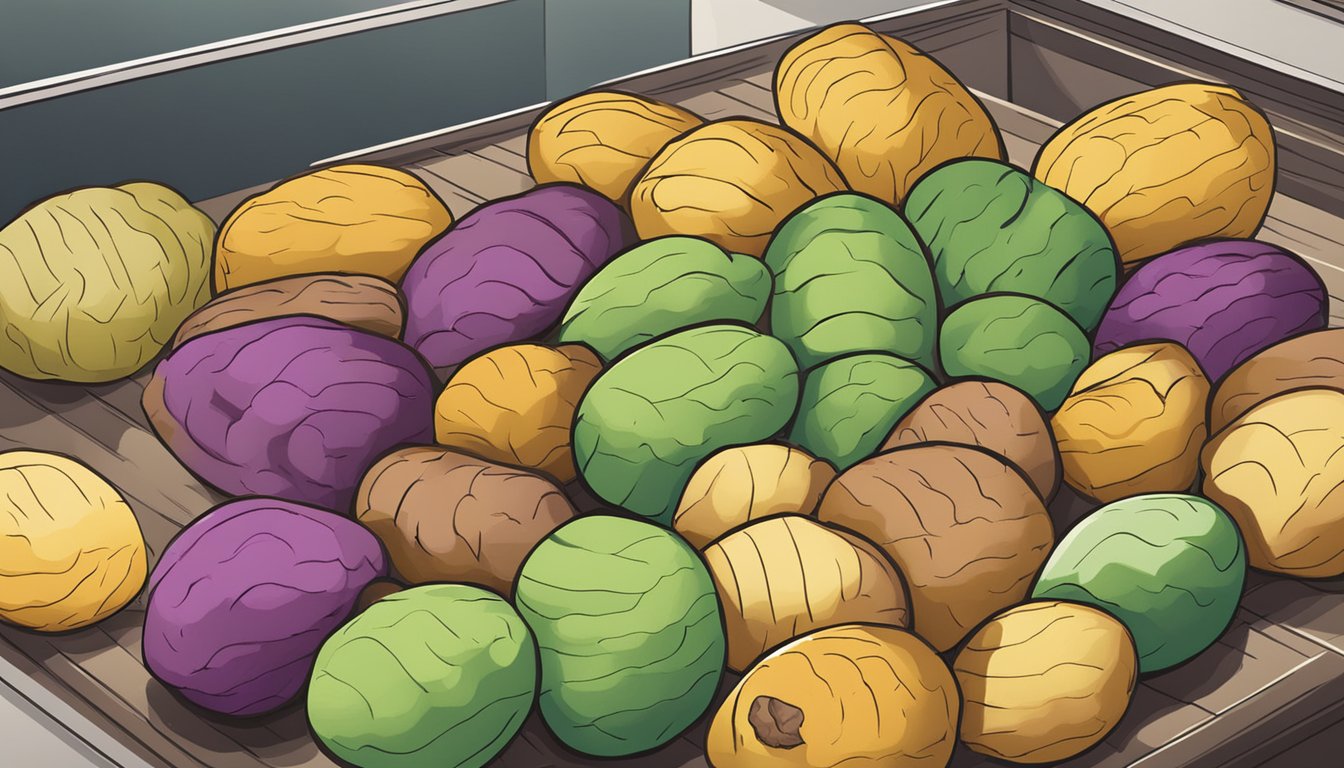 A colorful array of potatoes piled high on a kitchen counter, with various types and sizes on display