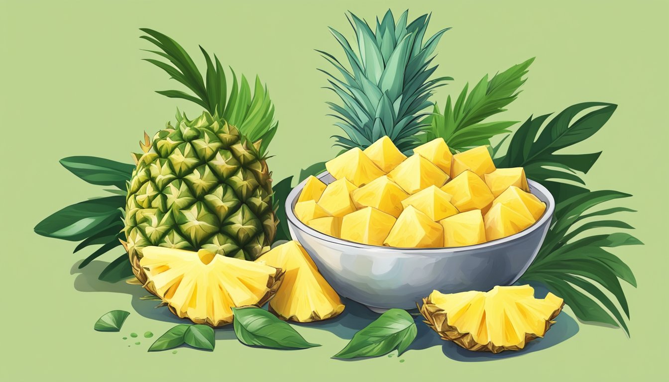 A bowl overflowing with fresh pineapple chunks, surrounded by vibrant green leaves and a measuring cup nearby