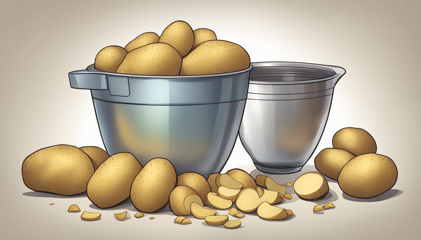 A pile of potatoes spilling out of a measuring cup, with a warning sign in the background