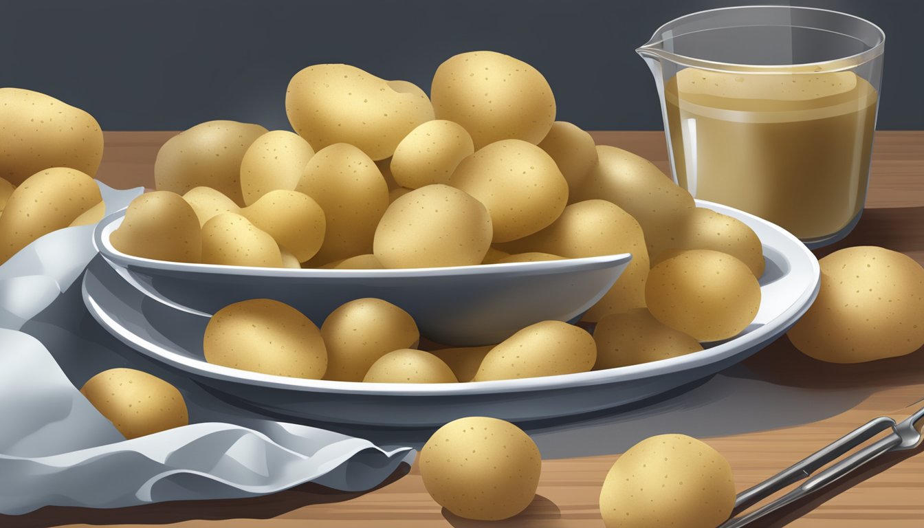 A pile of potatoes overflowing from a plate, with a measuring cup nearby