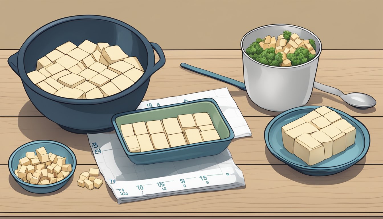 A table set with various portions of tofu, alongside a measuring cup and a nutrition label