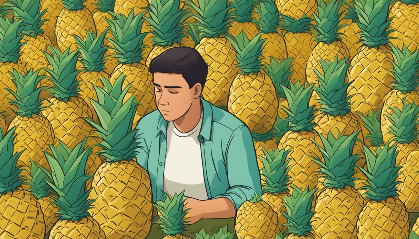 A person surrounded by piles of pineapples, with a concerned expression as they try to measure out the optimal amount to eat