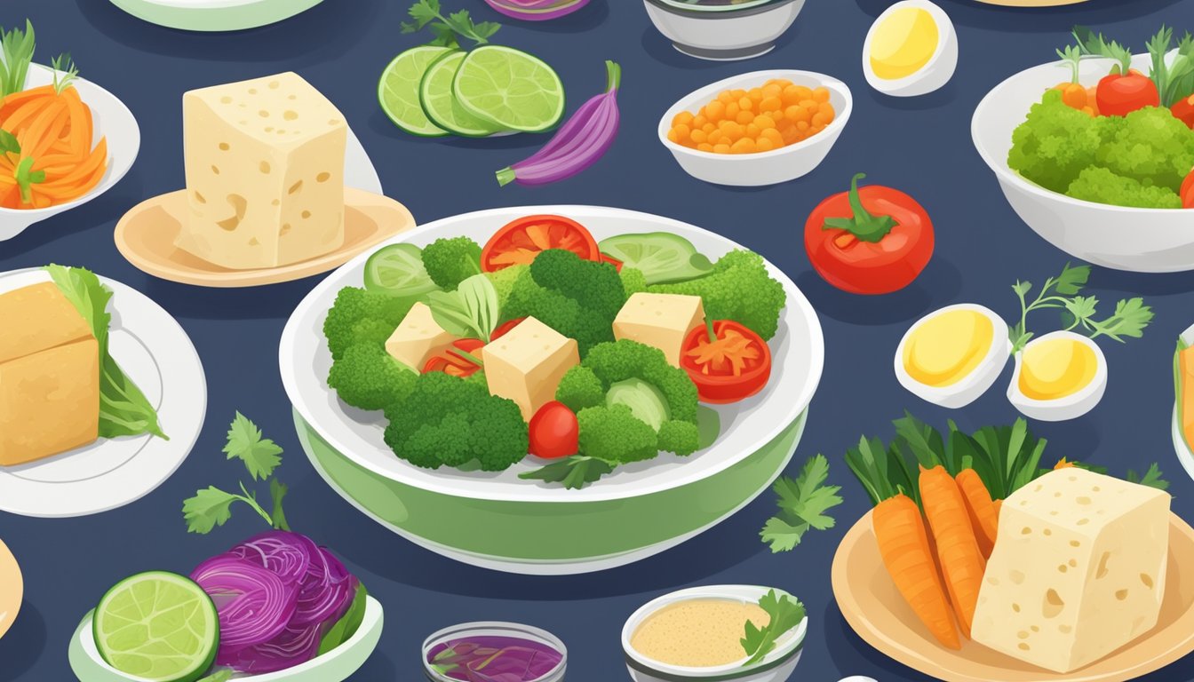 A plate with a variety of colorful vegetables and a portion of tofu, arranged in a balanced and appetizing manner