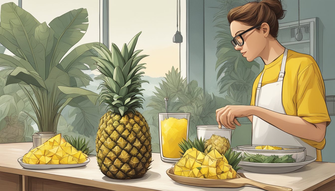 A table with various portions of pineapple, a measuring cup, and a person pondering