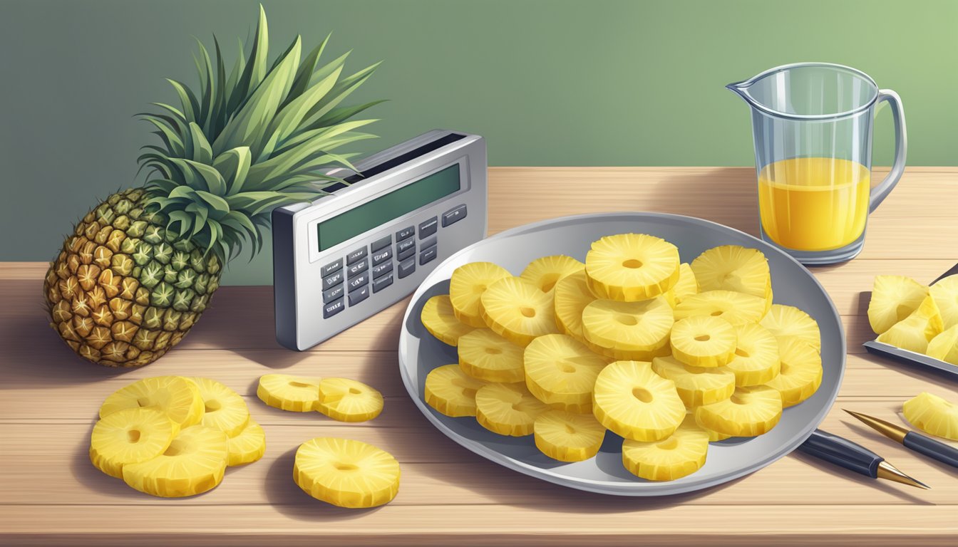 A table with a pile of pineapple slices, a measuring cup, and a calculator