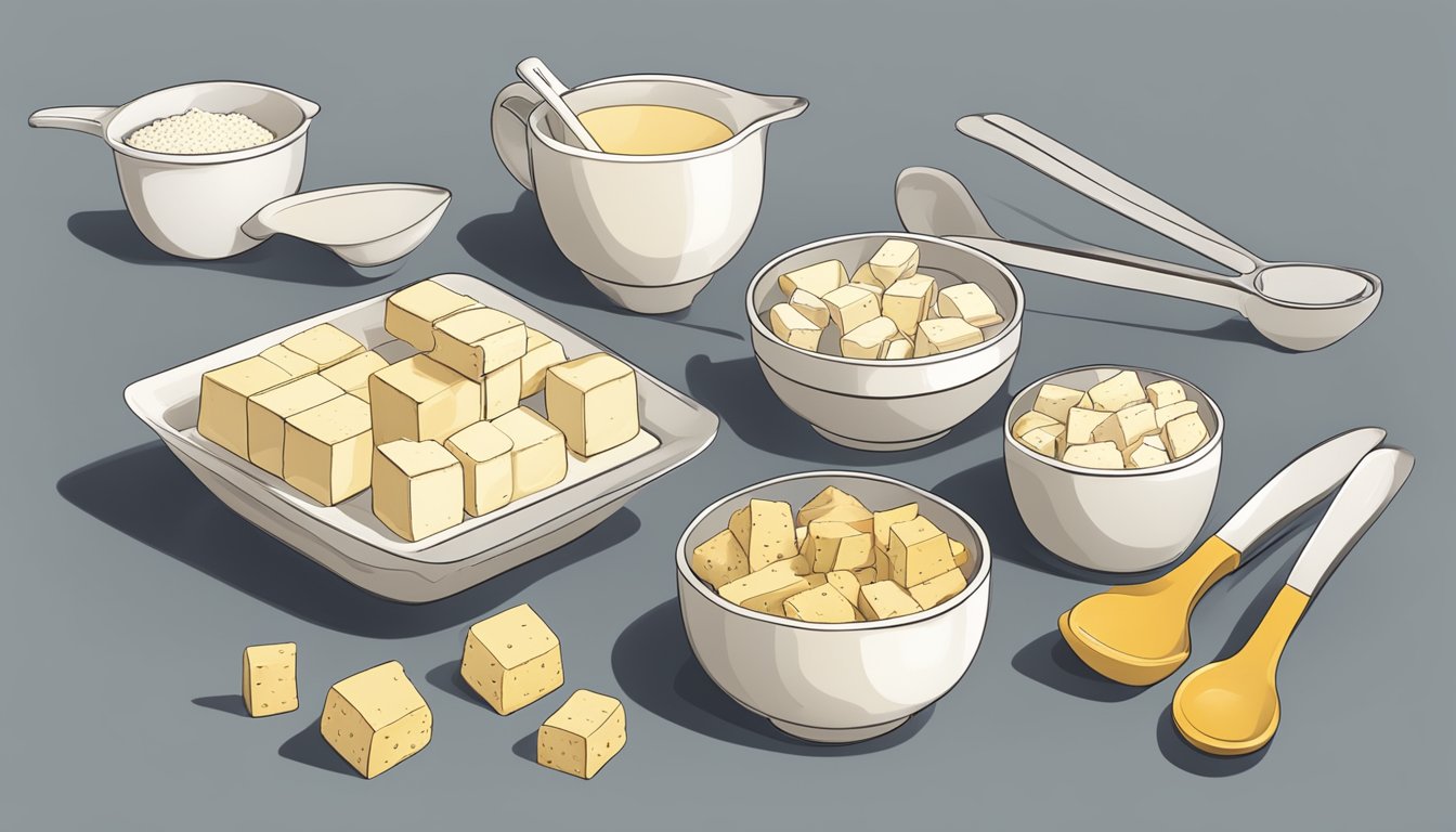 A table set with various portion sizes of tofu, surrounded by measuring cups and spoons