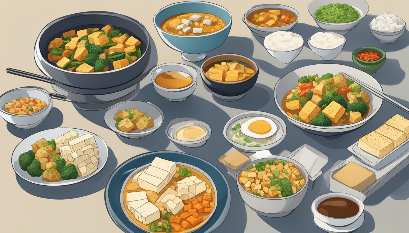 A table set with various tofu dishes, including tofu stir-fry, tofu scramble, and tofu soup