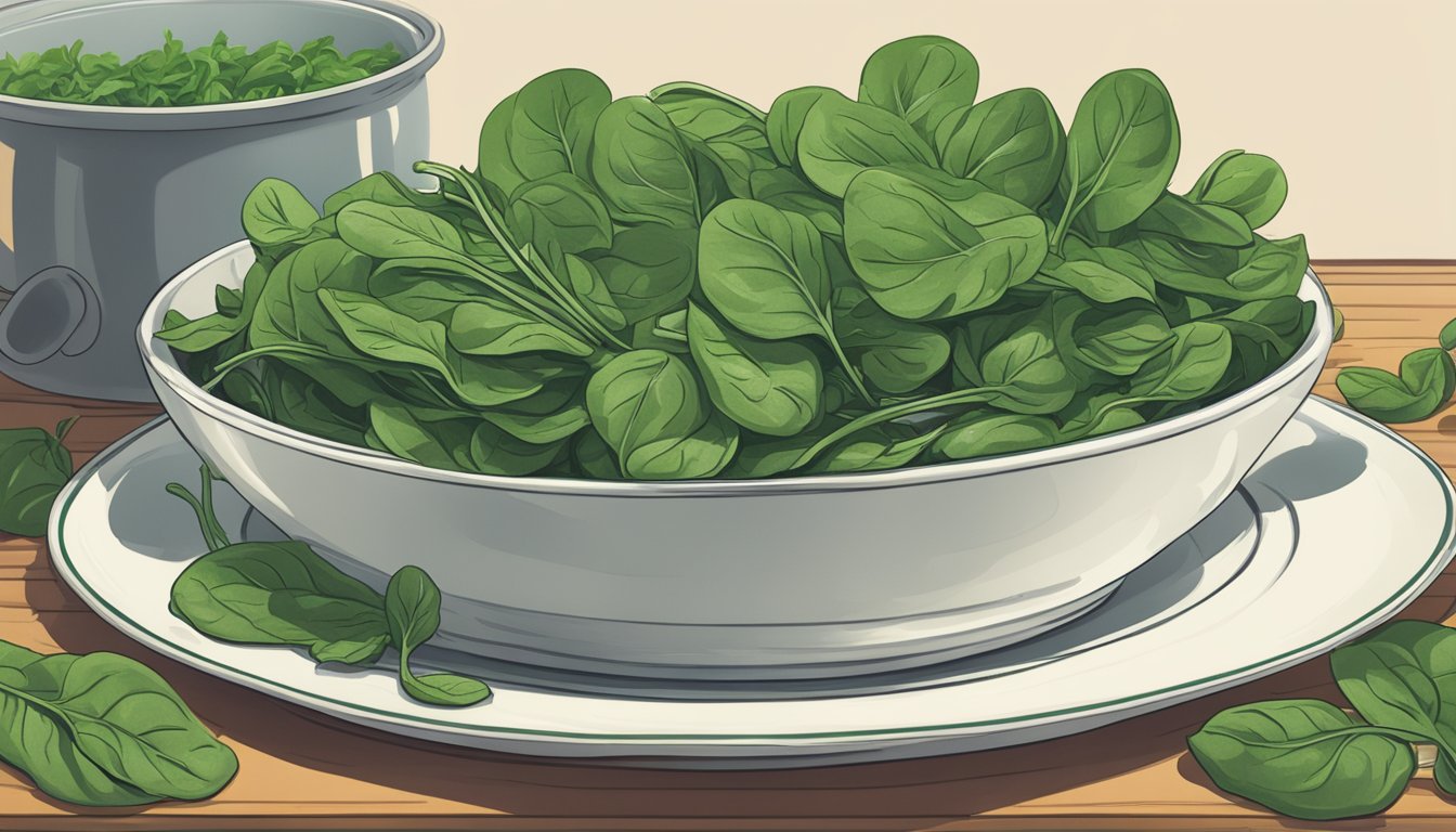 A bowl of spinach leaves overflowing onto a plate, with a measuring cup nearby