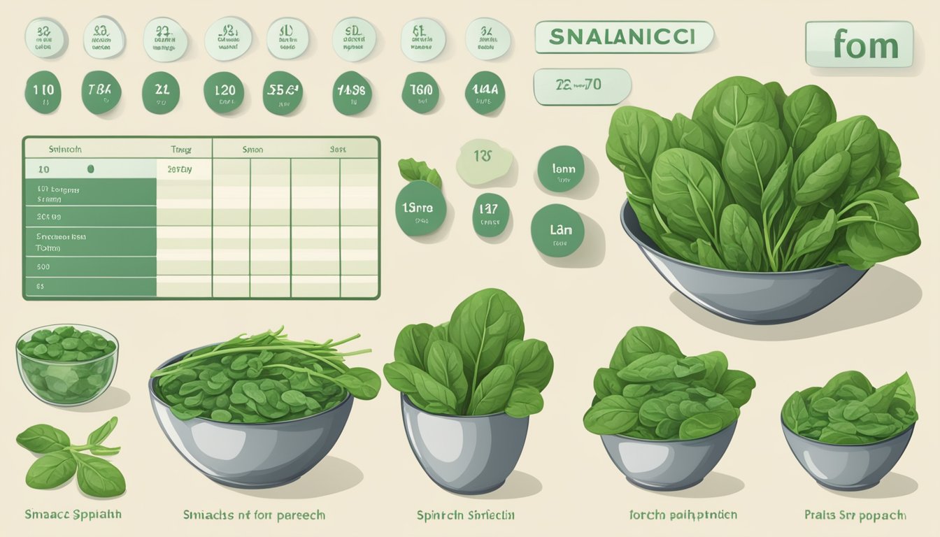 A table with various portion sizes of spinach, from small to large, alongside a measuring cup and a nutrition chart