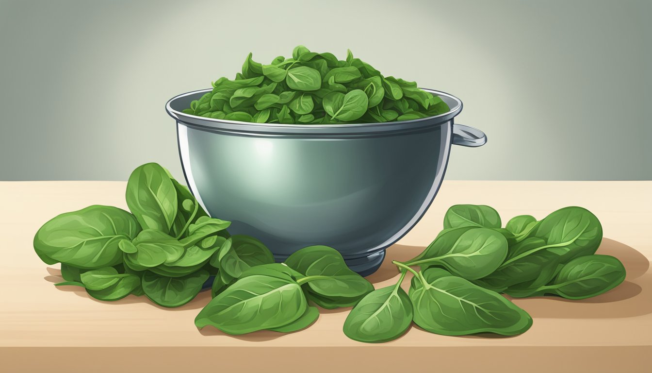 A large pile of spinach leaves overflowing from a bowl, with a measuring cup next to it