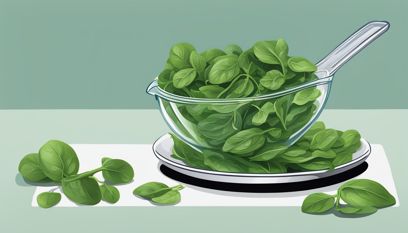 A pile of spinach leaves overflowing from a measuring cup onto a plate