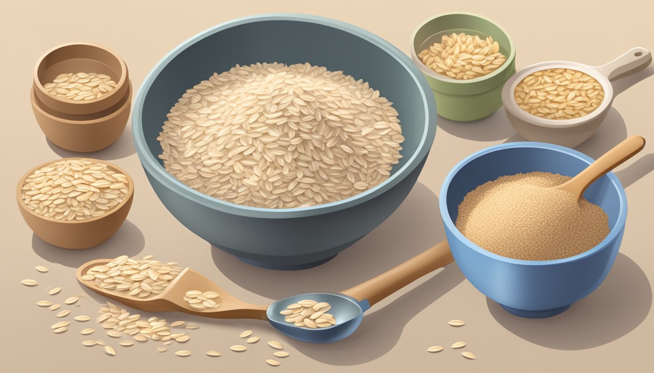 A bowl overflowing with oat bran, surrounded by measuring spoons and a nutrition label