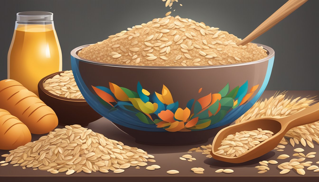 A bowl overflowing with oat bran, spilling onto the table, surrounded by various high-fiber foods