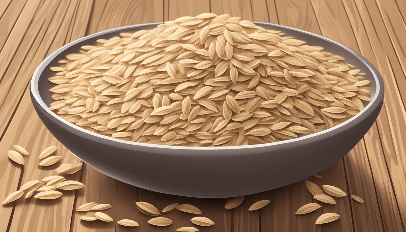 A bowl of oat bran overflowing with a pile of oats, a measuring spoon, and a small handful of oat bran scattered on a wooden table