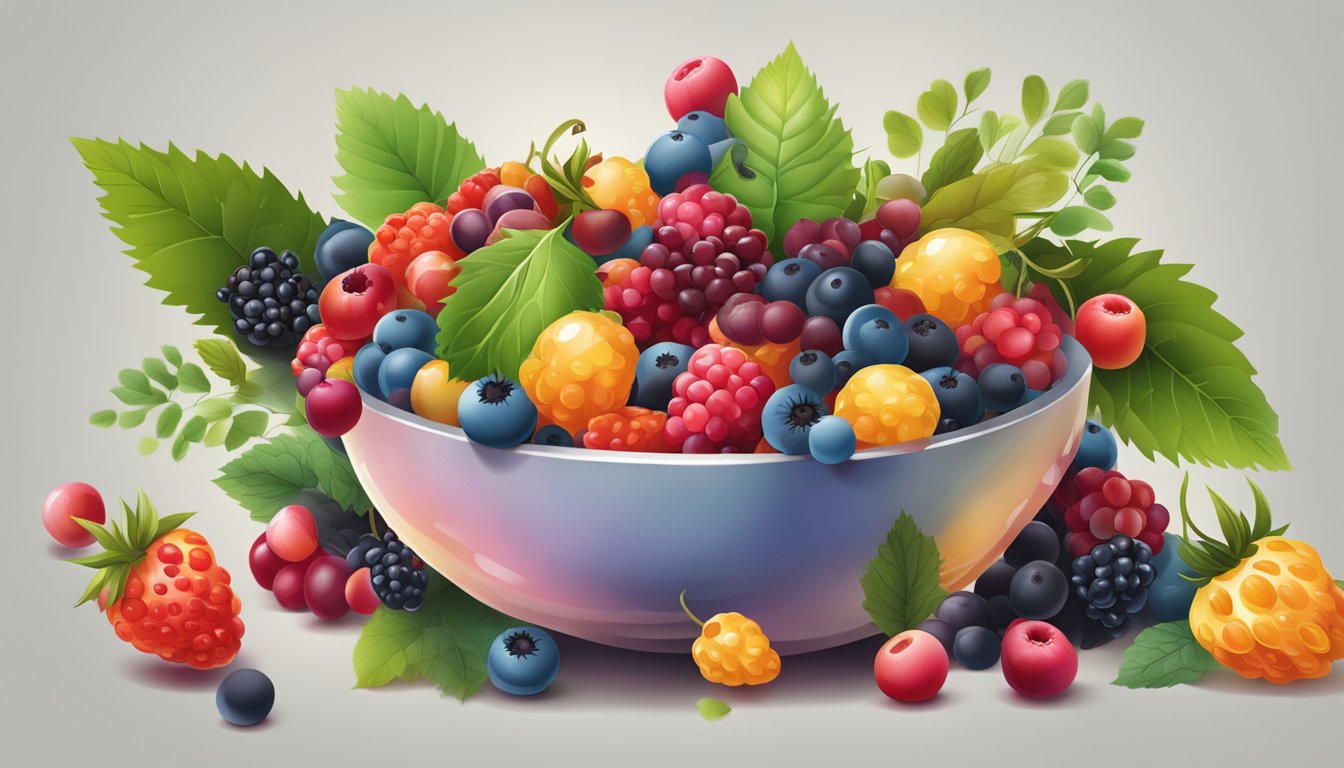 A colorful array of assorted berries spilling out of a large bowl, surrounded by scattered leaves and vines