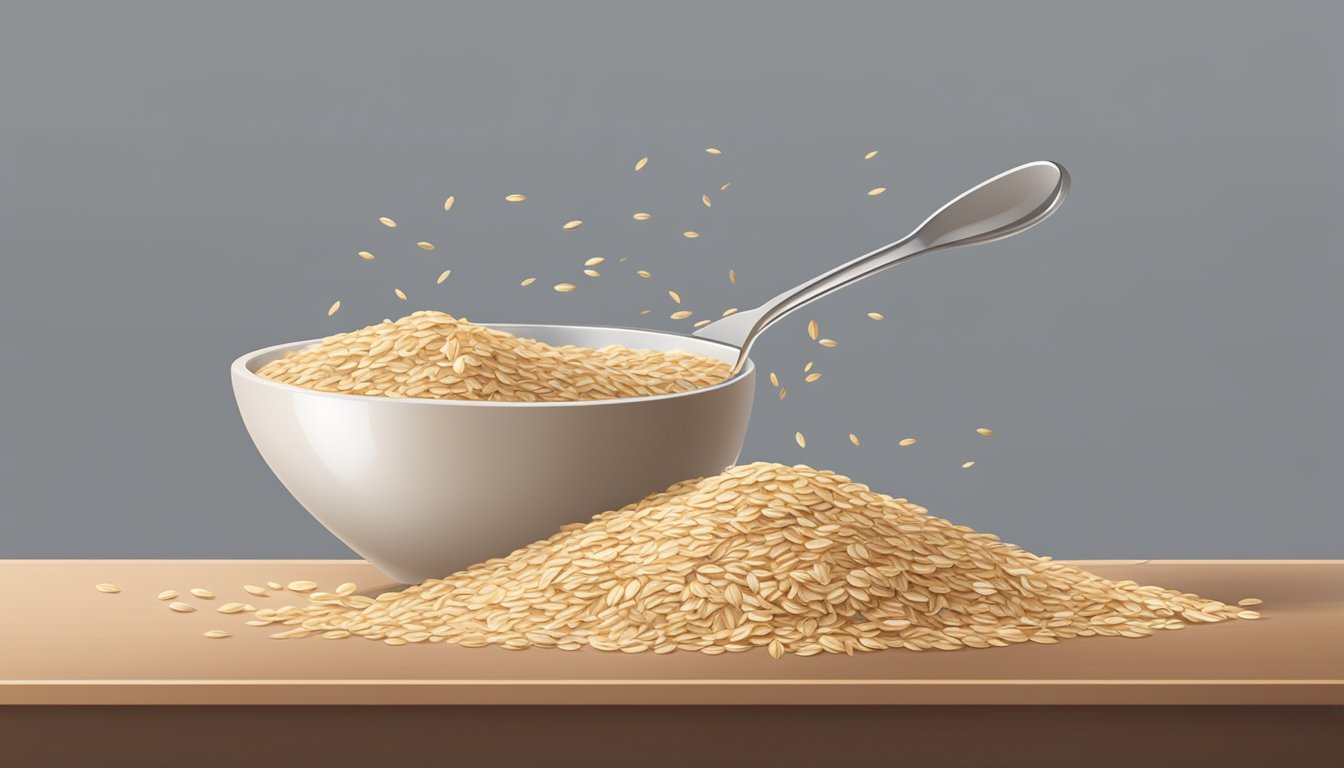 A bowl overflowing with oat bran, a measuring cup pouring more on top