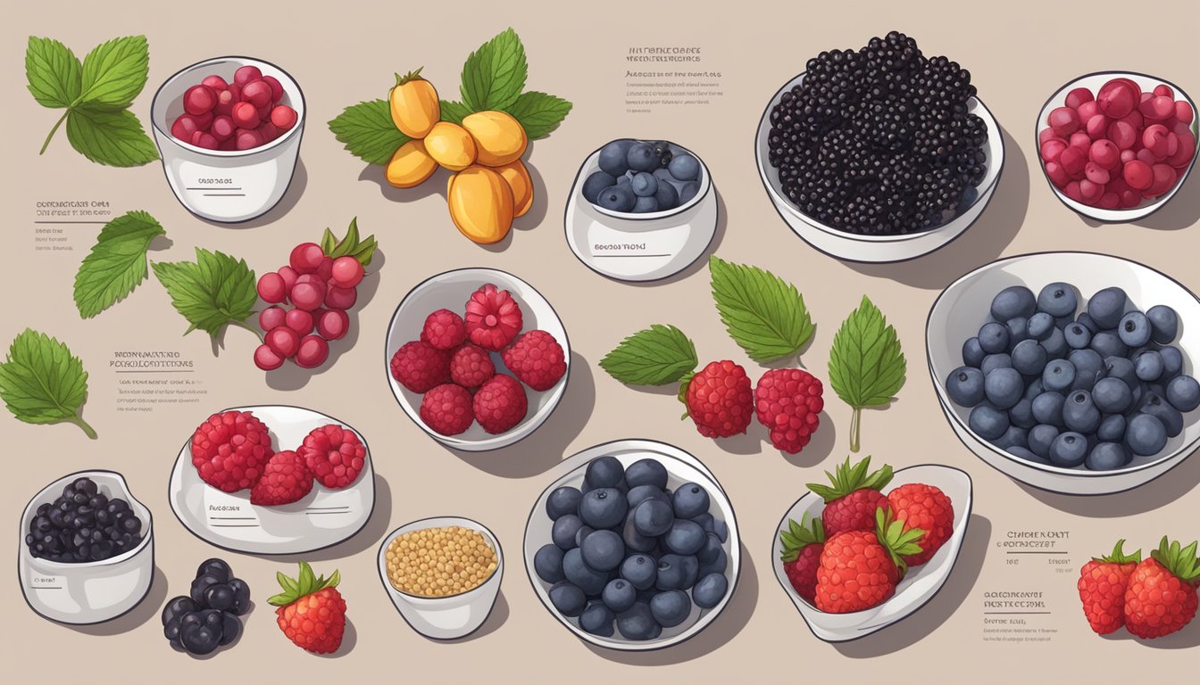 A table with various types of berries in bowls, surrounded by measuring cups and a nutrition guide